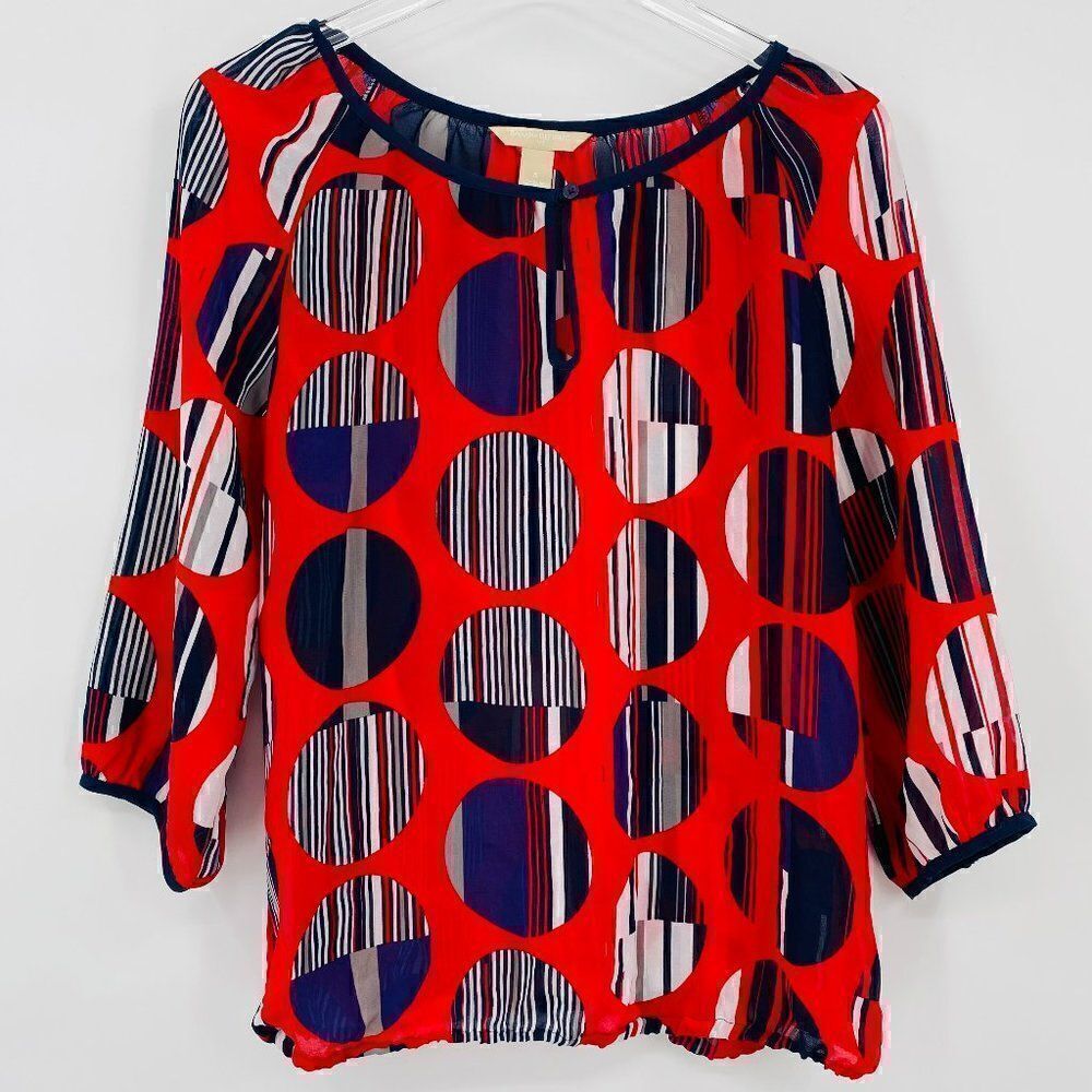 Banana Republic Size Small Red & Blue Abstract Polka Dot Popover Blouse Top